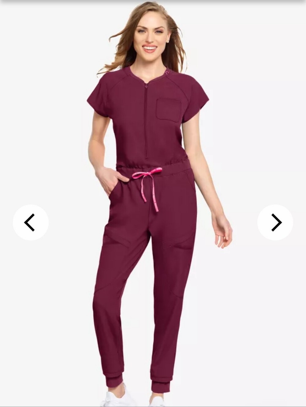 SRCRUB. Women’s Burgundy Short-Sleeve Zip-Front Jumpsuit with Pink Drawstring
